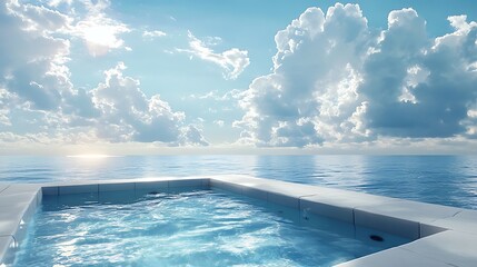 Obraz premium A modern infinity hot tub on a terrace, blending into the endless blue ocean under a dramatic sky with scattered clouds, soft sunlight reflecting off the water, evoking luxury and tranquility,