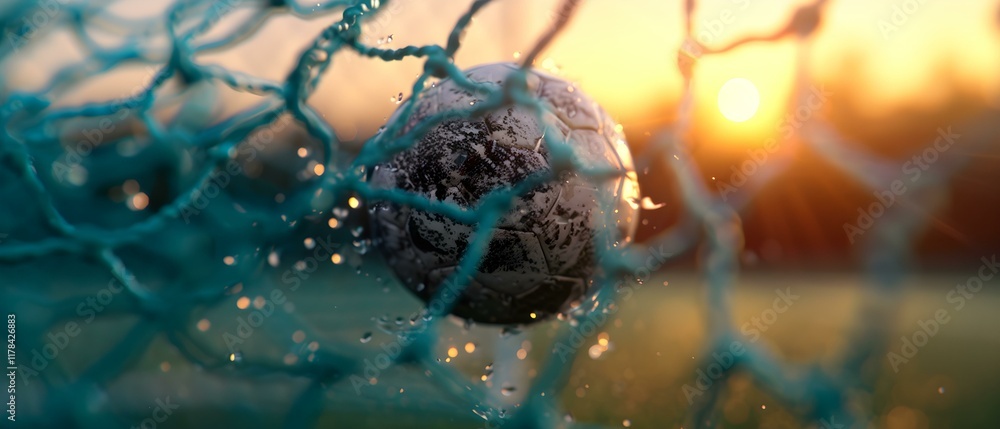 Poster close-up of a soccer ball embedded in a net at sunset with water droplets sparkling in the light