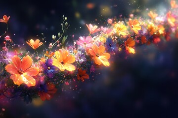 Vibrant Cosmos Flowers Swirling In A Magical Dark Bloom