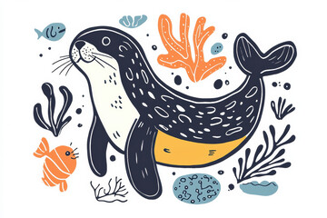 Obraz premium playful seal illustration surrounded by colorful sea life and coral