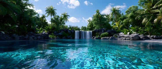 Serene Tropical Paradise with Clear Waterfall and Lush Green Palm Trees Surrounding Refreshing Pool
