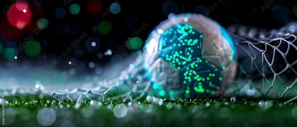 Poster soccer ball in goal net with glowing lights and bokeh effect on grass field at night