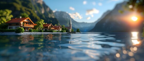 Fototapeta premium Tranquil Lakeside Village with Scenic Mountains Reflected in Calm Water During Sunset Hours