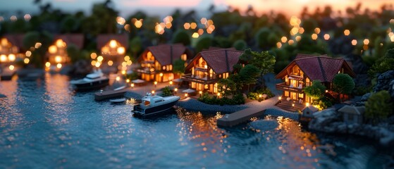 Cozy waterfront cottages illuminated at dusk amidst lush greenery and serene waters creating a tranquil retreat atmosphere