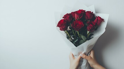 An elegant bouquet of deep red roses wrapped in white paper, gently cradled in two hands on a clean white surface