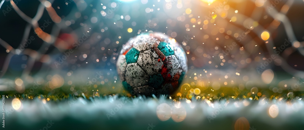 Aufkleber close-up of a soccer ball on grass field with glimmering background and goal net in soft focus