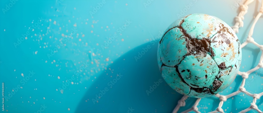 Poster worn out turquoise soccer ball resting on a bright blue background with a goal net in soft focus