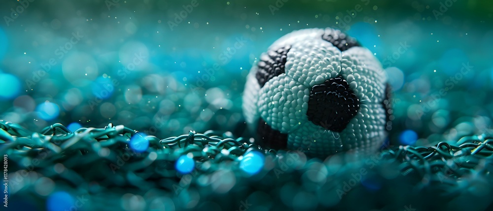 Aufkleber close-up of a soccer ball resting on wet grass with raindrops creating a vivid and dynamic sports at
