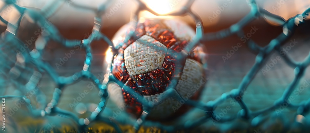 Poster close-up view of a soccer ball entangled in a colorful goal net in a sports field setting