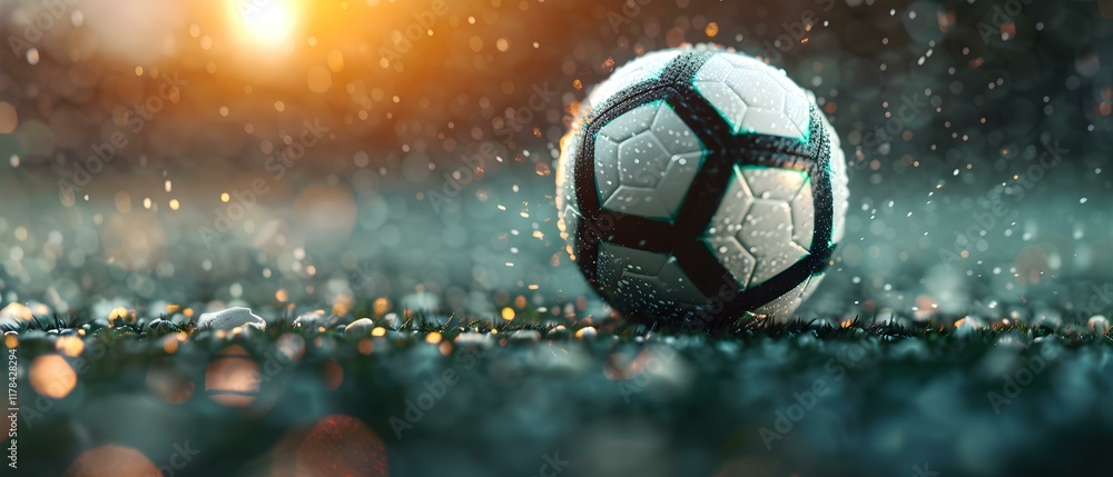 Poster close-up of a soccer ball resting on a wet grass field at sunset with raindrops sparkling in the bac