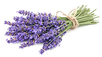 Freshly Cut Lavender Bouquet Bunch Tied with Twine on White Background, Symbolizing Aromatherapy, Relaxation, and Natural Beauty