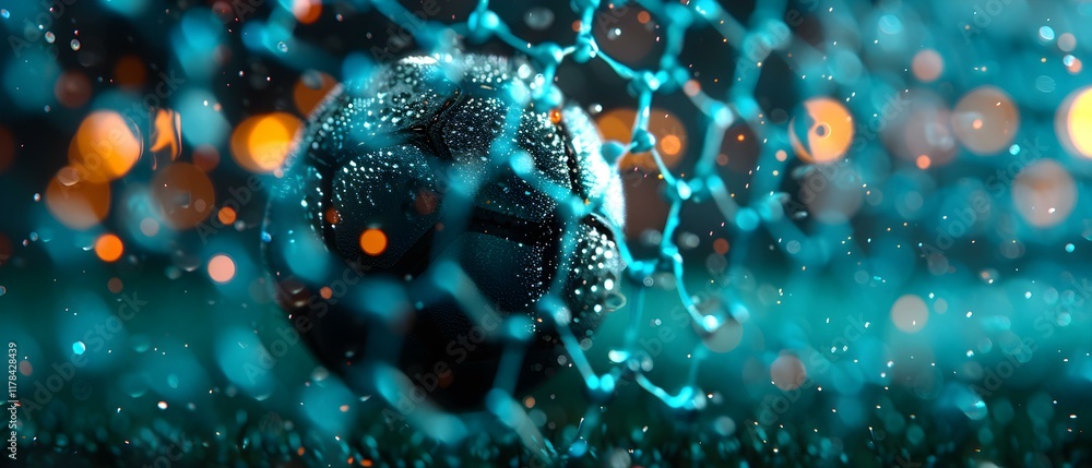 Poster close-up of a soccer ball in a wet goal net with blurry lights and raindrops creating a dramatic atm