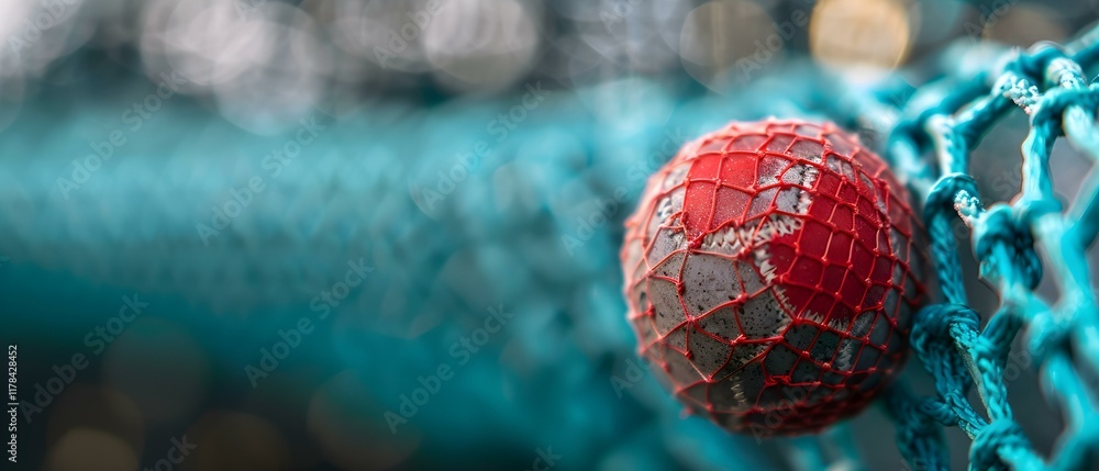 Poster close-up of a worn red handball caught in a net with blurred background and bokeh effect