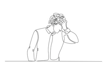Man in depression, stressed, headache and despair continuous one line drawing. Single line art illustration of confusing and stressed person. Editable vector.
