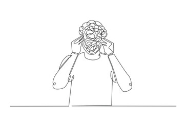 Man in depression, stressed, headache and despair continuous one line drawing. Single line art illustration of confusing and stressed person. Editable vector.