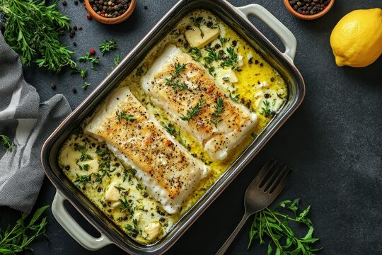 Baked cod fillets in creamy sauce, herbs, and butter. Perfect for elegant dinners, showcasing delicious and healthy seafood.