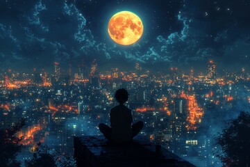 Obraz premium A person is sitting on a ledge looking at the moon