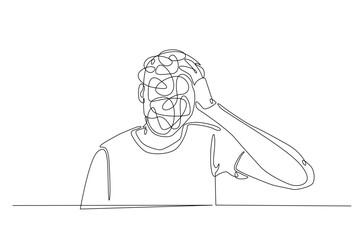 Man in depression, stressed, headache and despair continuous one line drawing. Single line art illustration of confusing and stressed person. Editable vector.