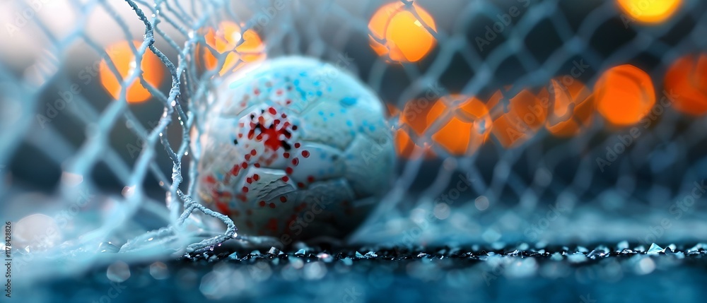 Aufkleber close-up view of a soccer ball nestled in a net against a beautiful bokeh background of soft glowing