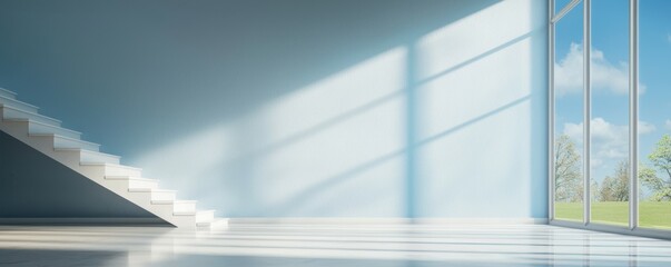 A bright, minimalistic interior space featuring large windows, natural light, and a staircase against a soft blue wall.
