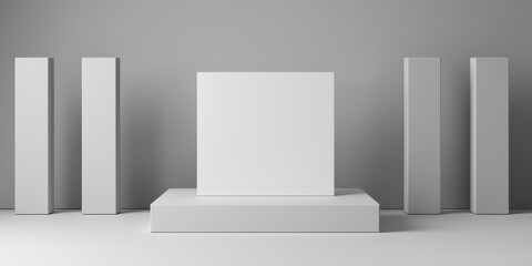A minimalist display featuring a central pedestal with a blank canvas and four surrounding pillars, emphasizing clean lines and a neutral color palette.
