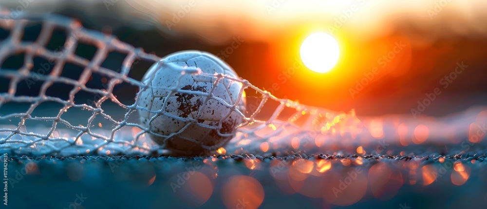 Poster close-up of soccer ball embedded in goal net during sunset with bokeh effect and warm tones