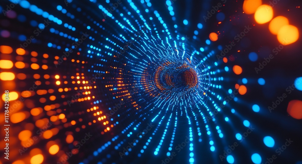 Poster a spiral of colorful dots that appear to be moving in a tunnel