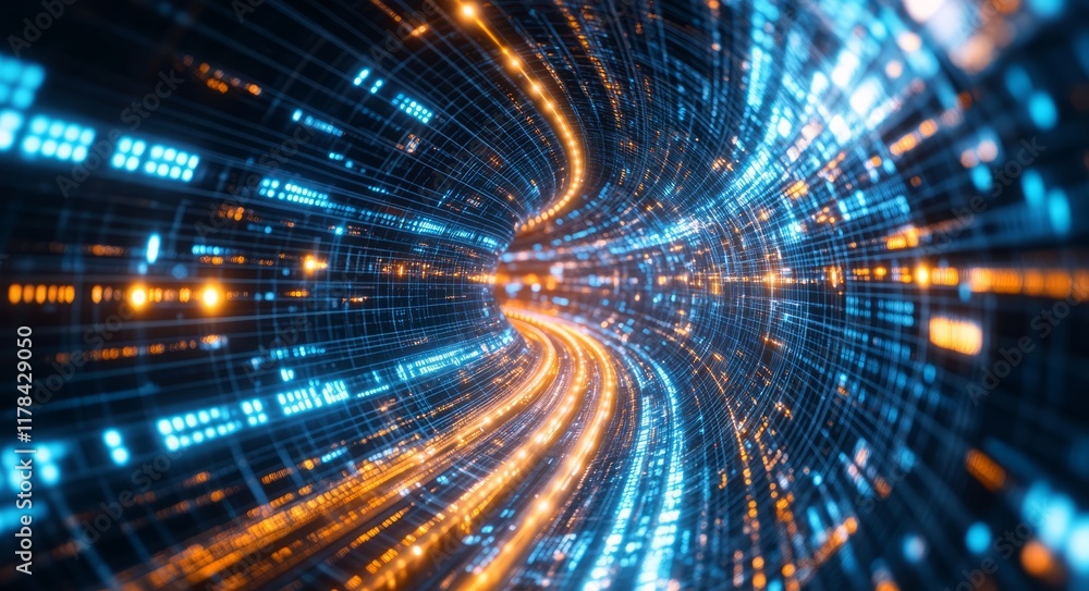 Poster a computer generated image of a tunnel with orange and blue lights