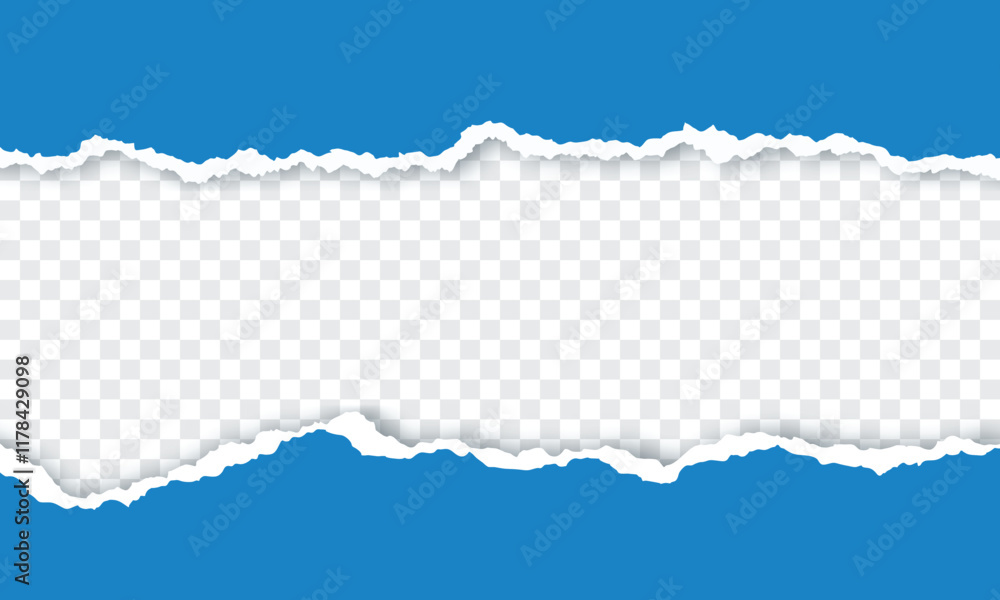 Poster blue torn paper with torn edges isolated transparent background with shadow effect in horizontal ban