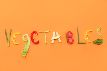 Word VEGETABLES on color background