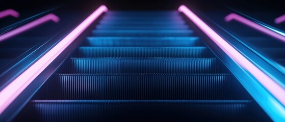 A futuristic escalator illuminated by vibrant neon lights, creating a visually striking contrast against a dark background.
