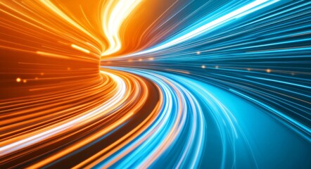 A colorful, swirling line of light with orange and blue colors