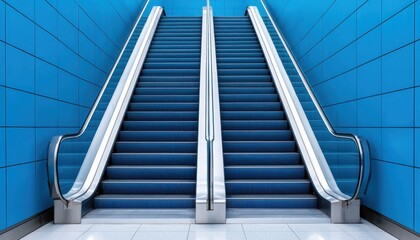 A modern escalator with a blue backdrop, leading upwards, showcasing clean lines and a minimalist design.