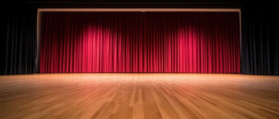 A stage with red curtains, illuminated by soft lighting, creating an inviting atmosphere for performances or presentations.