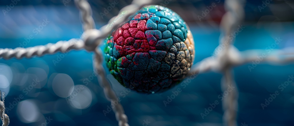 Poster colorful textured ball caught in rope net underwater with blue background and bokeh effect
