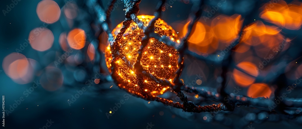 Poster sparkling light ball entangled in a chain link with a soft bokeh background at night