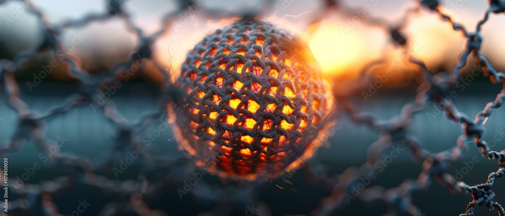 Poster fiery ball caught in a sports net at sunset highlighting dynamic action and motion in a unique persp