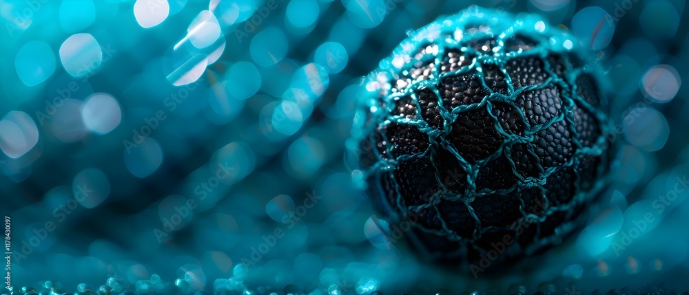 Aufkleber close-up of dark sphere wrapped in aqua mesh with soft bokeh effect and sparkling textures