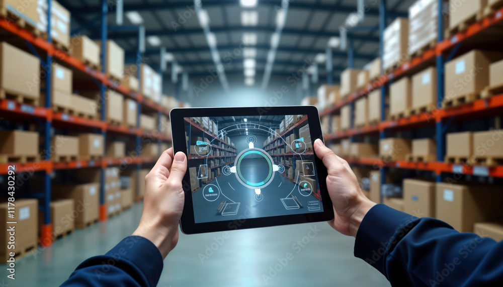 Poster manager uses tablet to monitor warehouse inventory. digital dashboard displays warehouse layout, sto