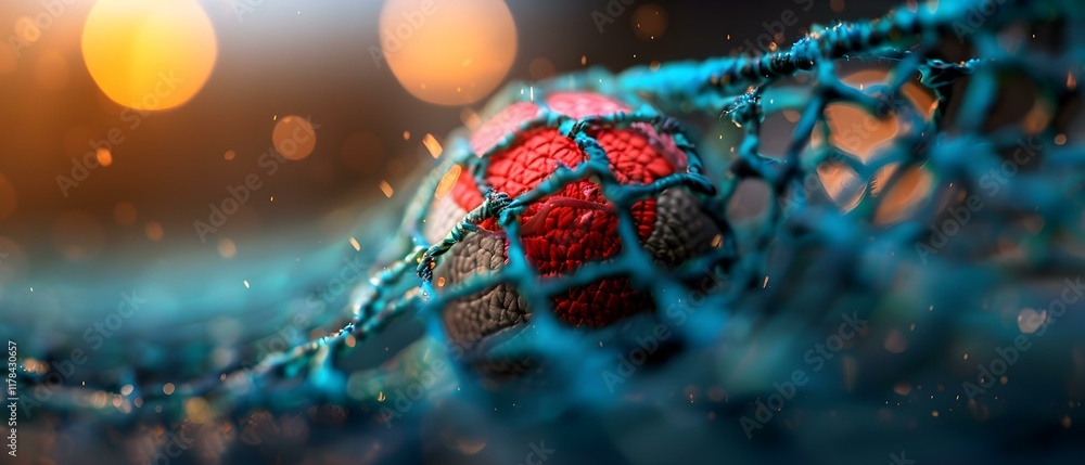 Poster close-up of a handball in a goal net with sparkling background and soft focus effects