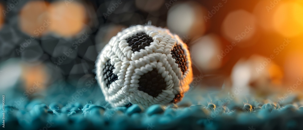 Poster Handmade Decorative Soccer Ball on Textured Background with Colorful Bokeh Lights in Soft Focus