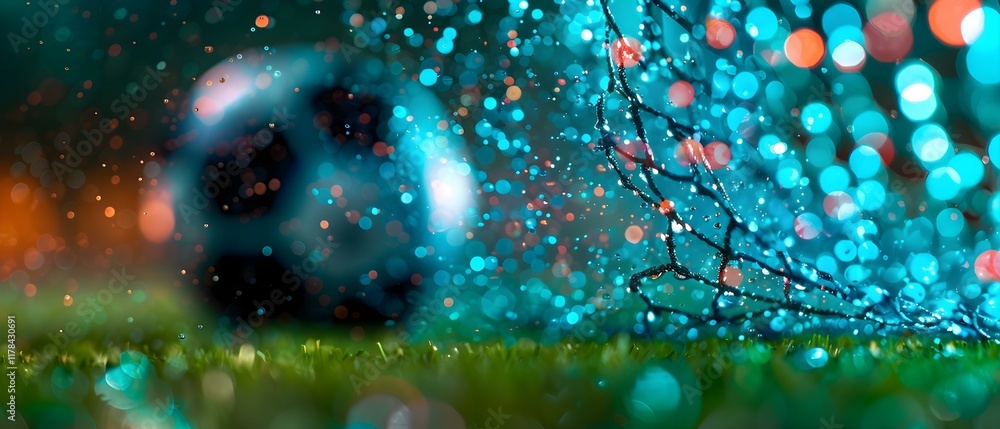 Poster blurry soccer ball behind goal net sparkling with water droplets in colorful background