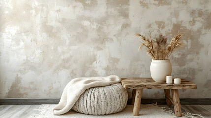 Cozy Room Decor: Knitted Pouf, Wooden Table, Dried Flowers
