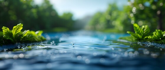 Naklejka premium Serene Water Surface with Reflective Ripples Surrounded by Lush Green Foliage in a Tranquil Nature Setting