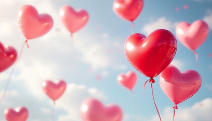 Romantic Heart Balloons Floating in a Sunny Sky - Valentine's Day, Love, Romance