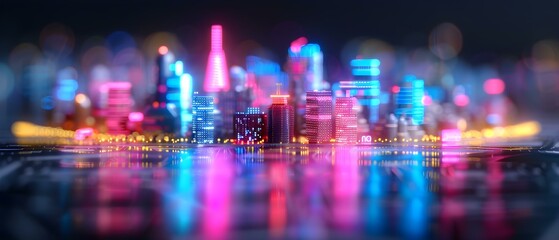 Obraz premium Futuristic Cityscape at Night with Vibrant Neon Lights and Reflections on Water Surface