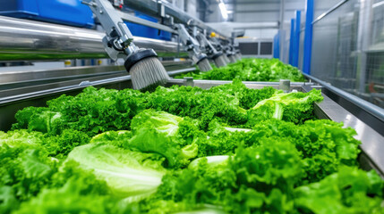 Fresh green lettuce being cleaned in large scale industrial washer with rotating brushes, showcasing efficient food processing technology
