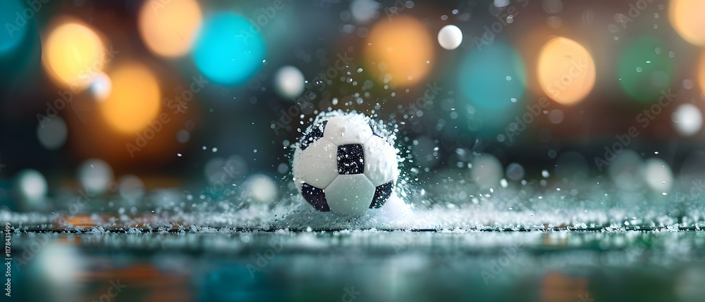 Poster dynamic soccer ball splashing in rain with colorful bokeh background capturing the essence of sport 