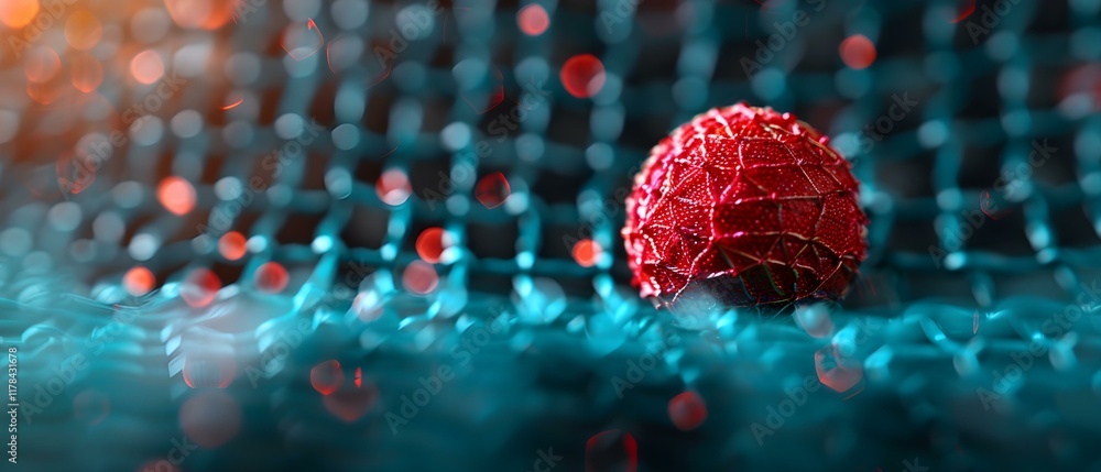 Aufkleber red textured ball resting on a blue net against a blurred colorful background with bokeh effects