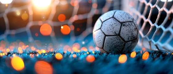 Soccer Ball Close-Up Against Goal Nets with Bokeh Lights in Background, Sports Theme, Outdoor Play and Competition